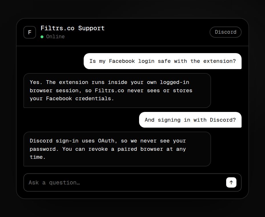 Filtrs.co Support conversation explaining that your Facebook and Discord logins stay private